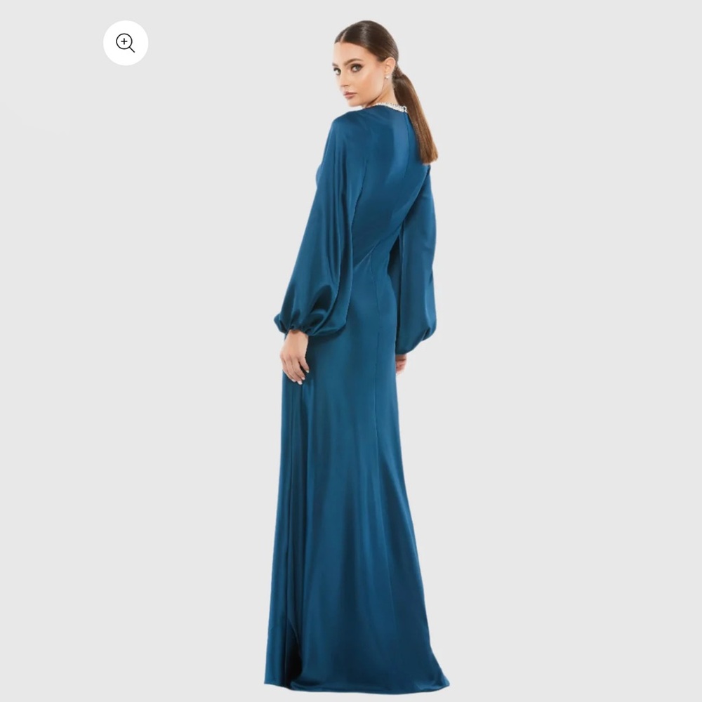 MWT IENNA Mac Duggal Blue Beaded High Neck Bishop Sleeve Satin Gown Size 14 - Picture 4 of 6